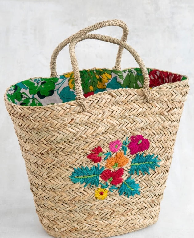 Embroidered Straw Tote