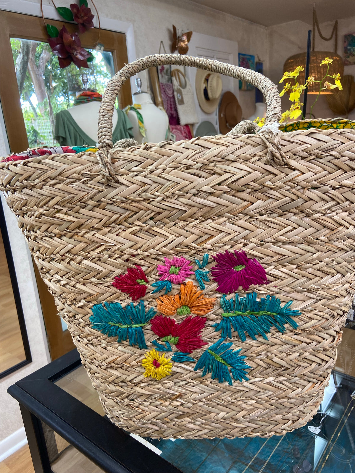 Embroidered Straw Tote